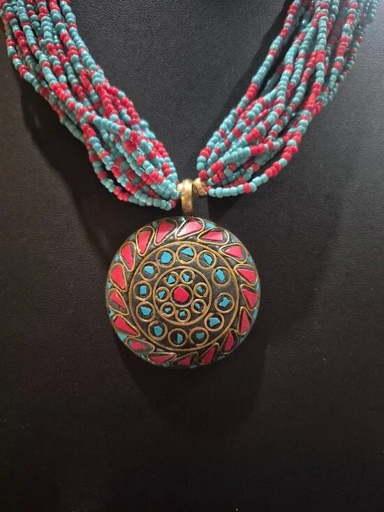 Vintage Bohemian style seed bead coral and turquoise necklace - Picture 2 of 7